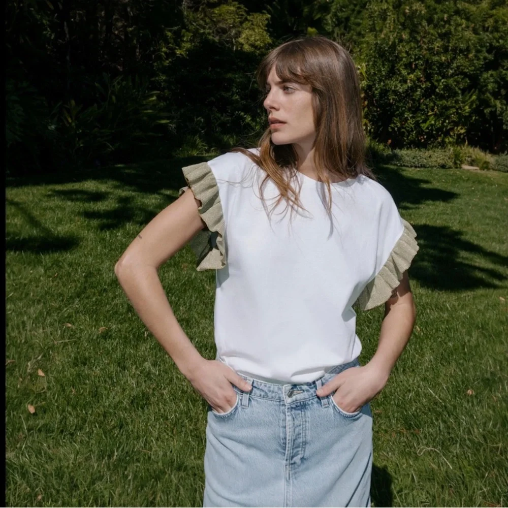 Zara White Cotton Blend Tee Gold Metallic Ruffle Sleeves Size S - Picture 8 of 8